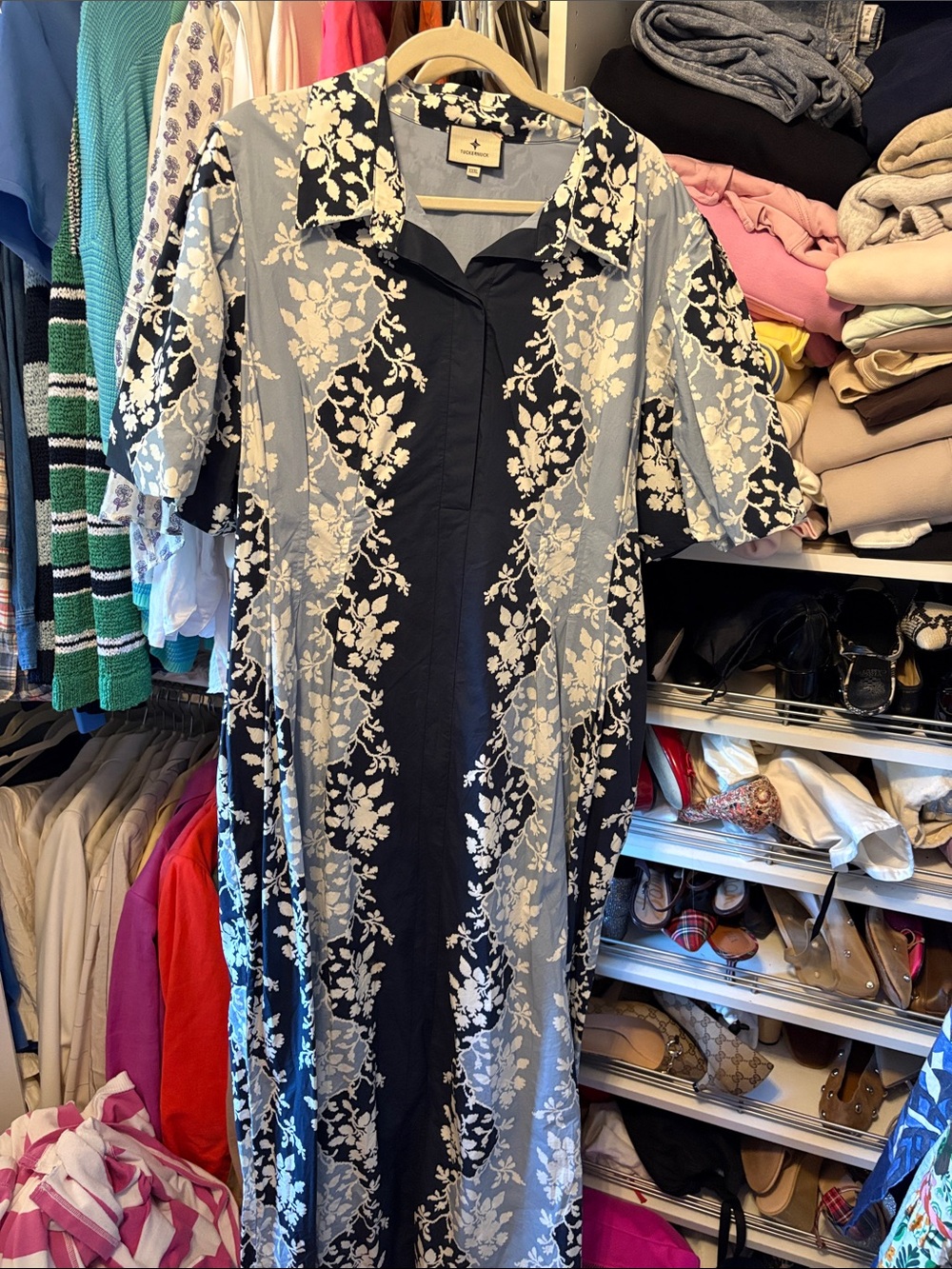 Tuckernuck Navy and Light Blue Floral Panel Maxi Dress with Cream Prints